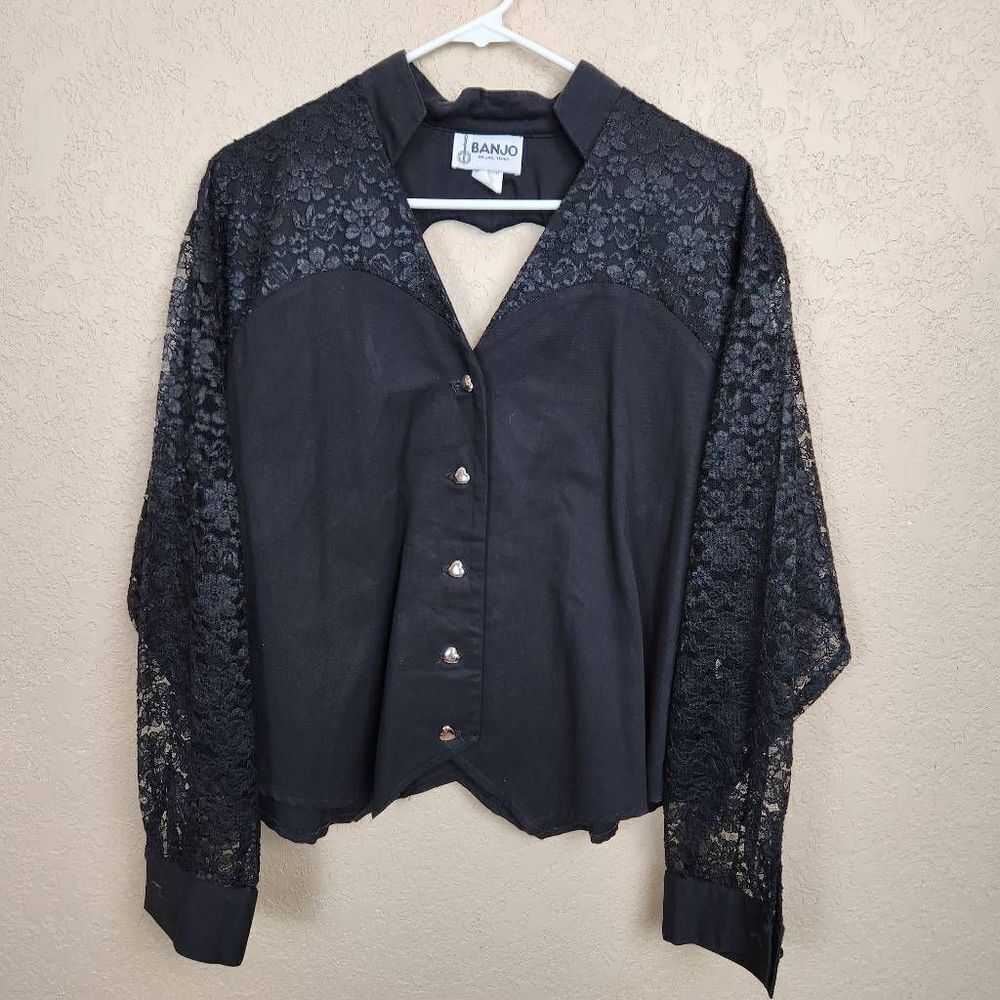 Banjo Vintage Black Lace Long Sleeve Heart Button Shirt 1X (4517CL)